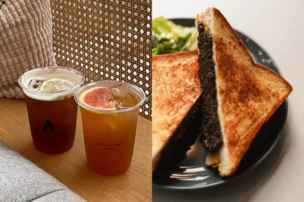 左為CAFE ACME人氣飲品金萱葡萄柚冰茶，右為招牌松露嫩蛋三明治。（圖/CAFE ACME）