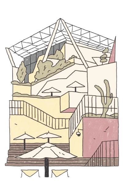 南美二館：以台南市市花鳳凰木為靈感而建的臺南市美術館2館，因應地方氣候，透過建築模擬大自然樹蔭，幾何碎形結構不僅調節空間綠能，也能讓建築產生樹影之美。