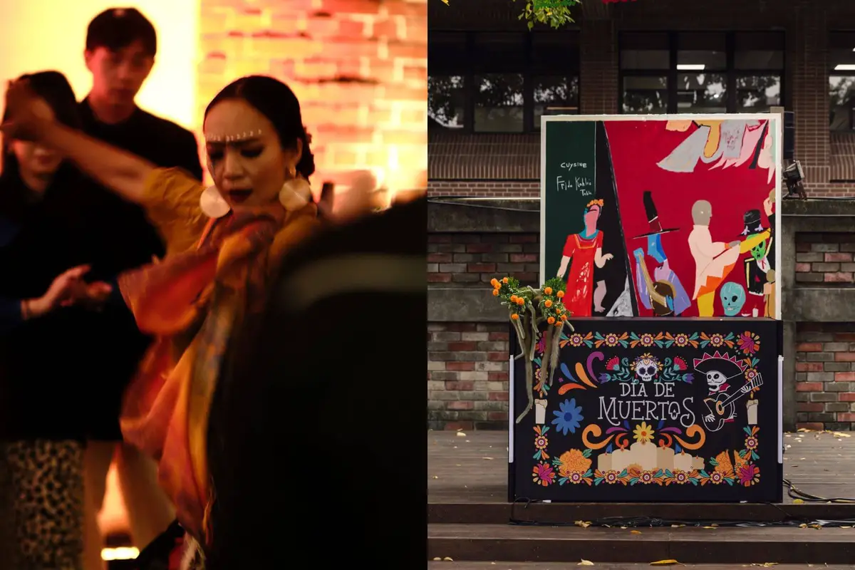 左為亡靈節派對現場，右為後方為藝術家詹賀為本次活動所繪製的主視覺畫作。