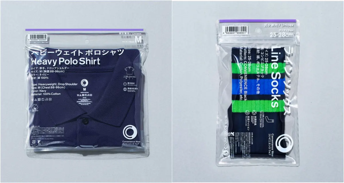 寬版POLO衫-藍（左圖）；中筒線襪-便利商店黑（右圖）