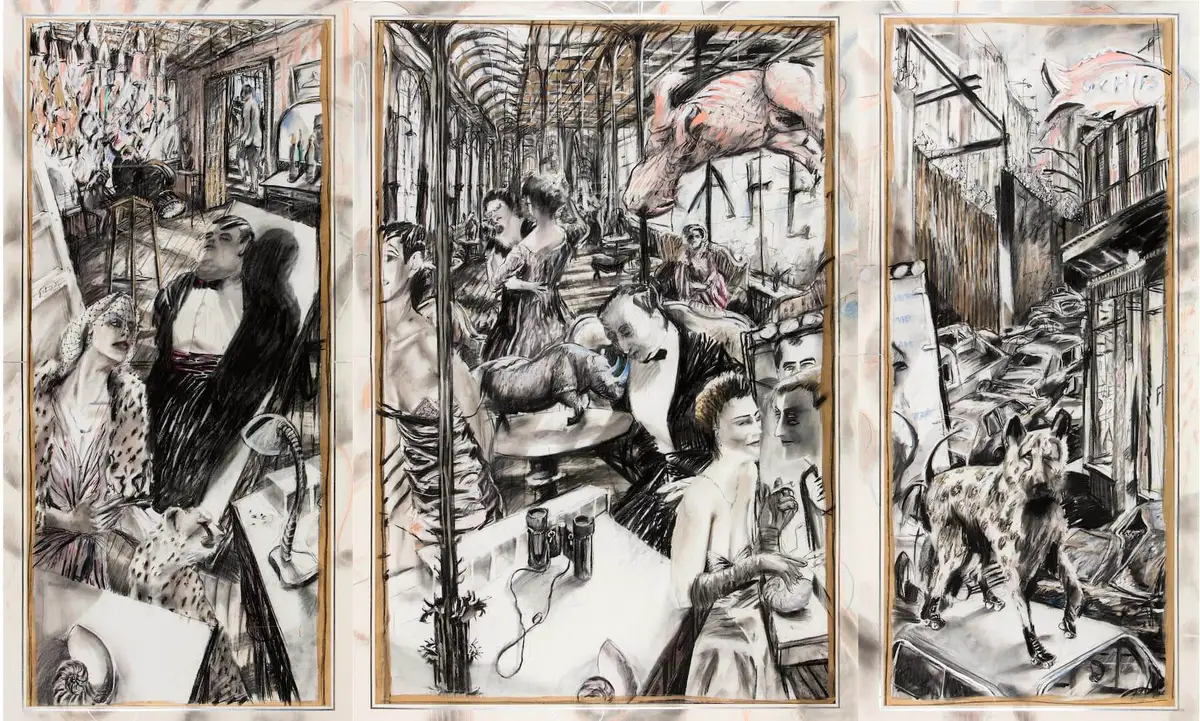 威廉．肯特里奇，《保育人士的舞會》，三聯屏， 1985，炭筆、粉彩、不透明水彩、紙，198.5 × 97.5 公分; 198.5 × 138.5 公分; 198.5 × 97.5 公分。圖像由藝術家提供。林布蘭藝術基金會收藏，魯珀特博物館，南非斯泰倫布希。