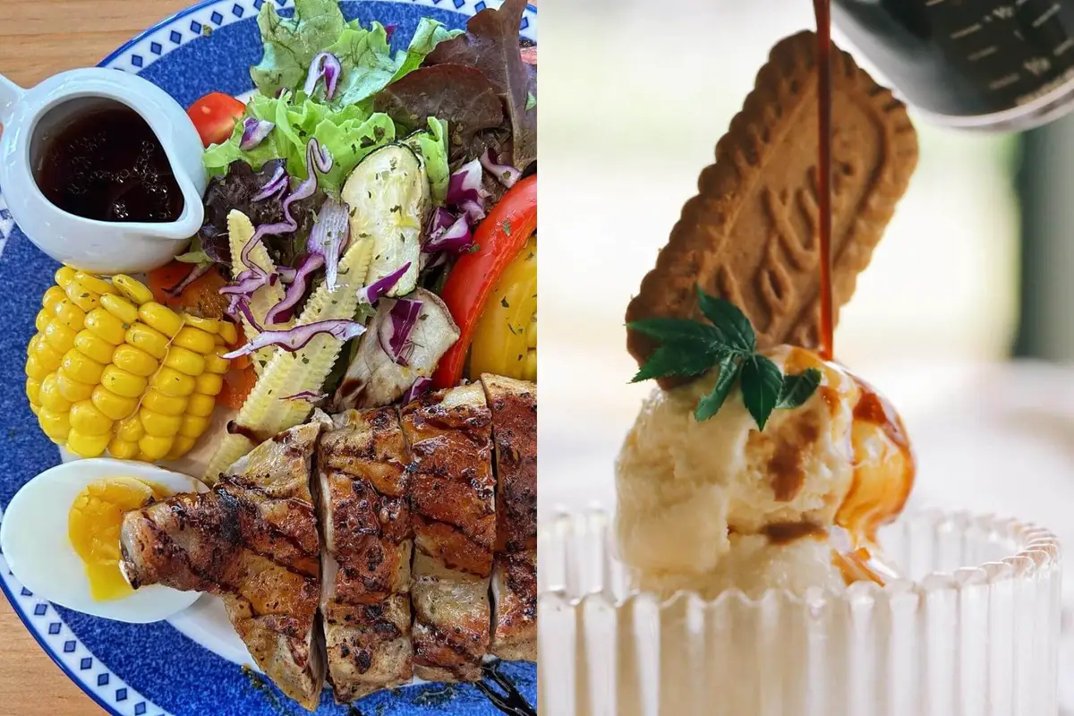 左為野室咖啡招牌雞腿排早午餐，右為海鹽阿芙加朵。（圖/野室咖啡）