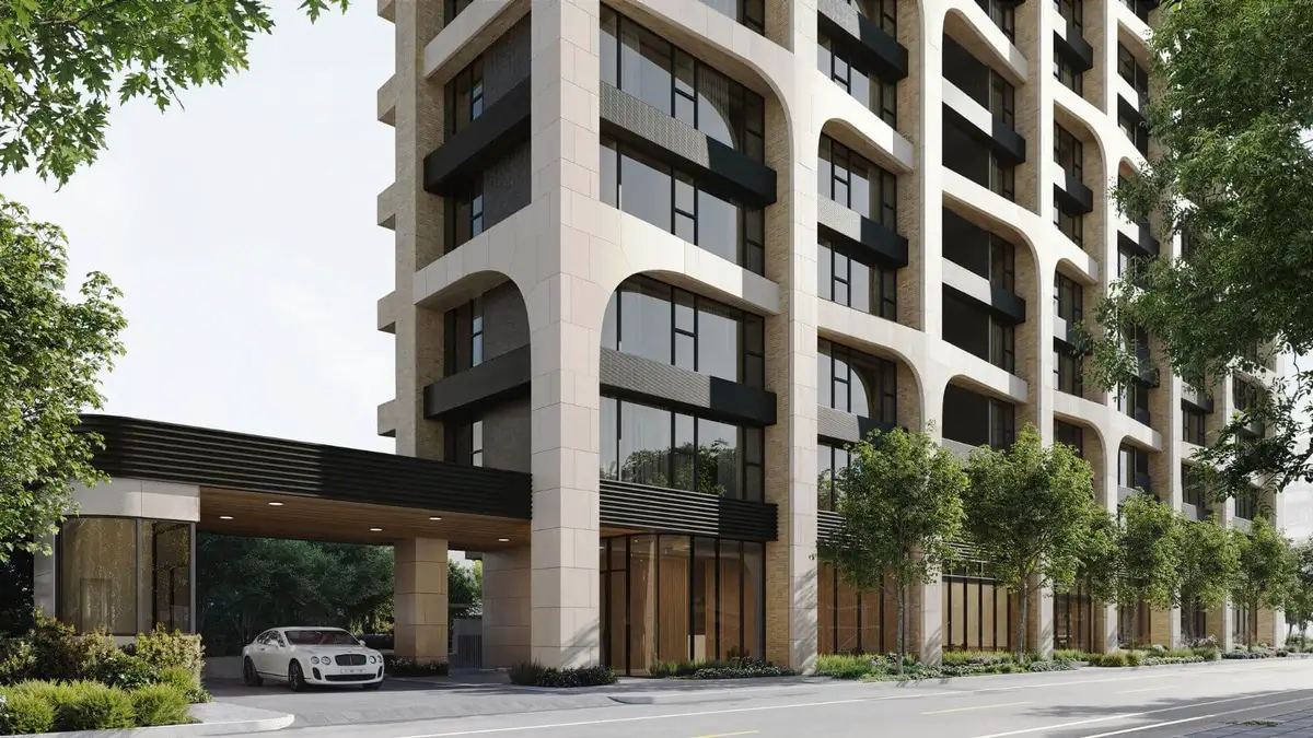 「衡沐」展現髙田浩一擅長的自然建築筆法，融入森林意象，以曲線勾勒樹形結構，層疊而上，令建築宛如一座森林，矗立於四維公園前，形成完整自然街廓。（一樓外觀3D情境示意圖）