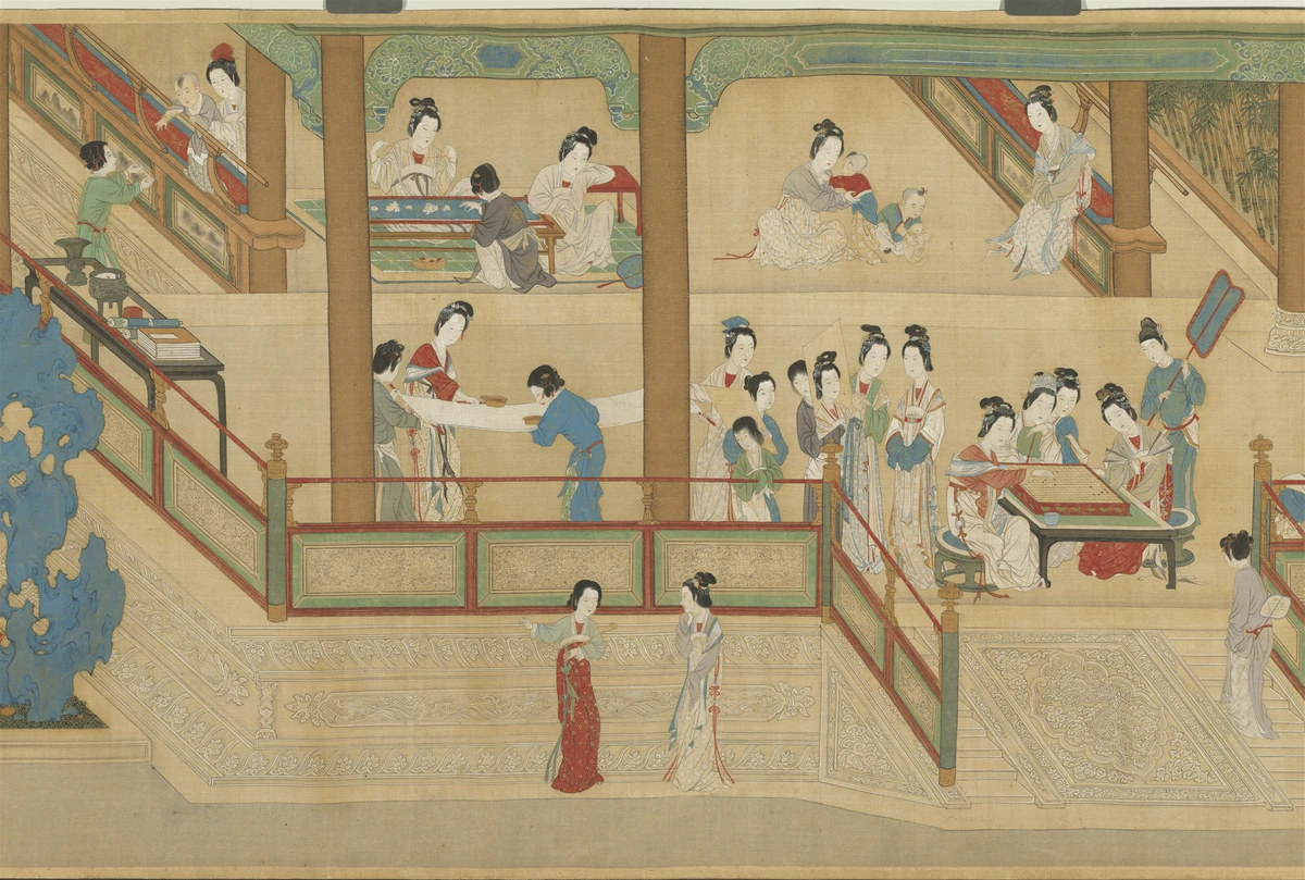 國寶〈明 仇英 漢宮春曉圖〉(局部)，描繪宮廷仕女對奕、刺繡等風雅多姿的日常生活。