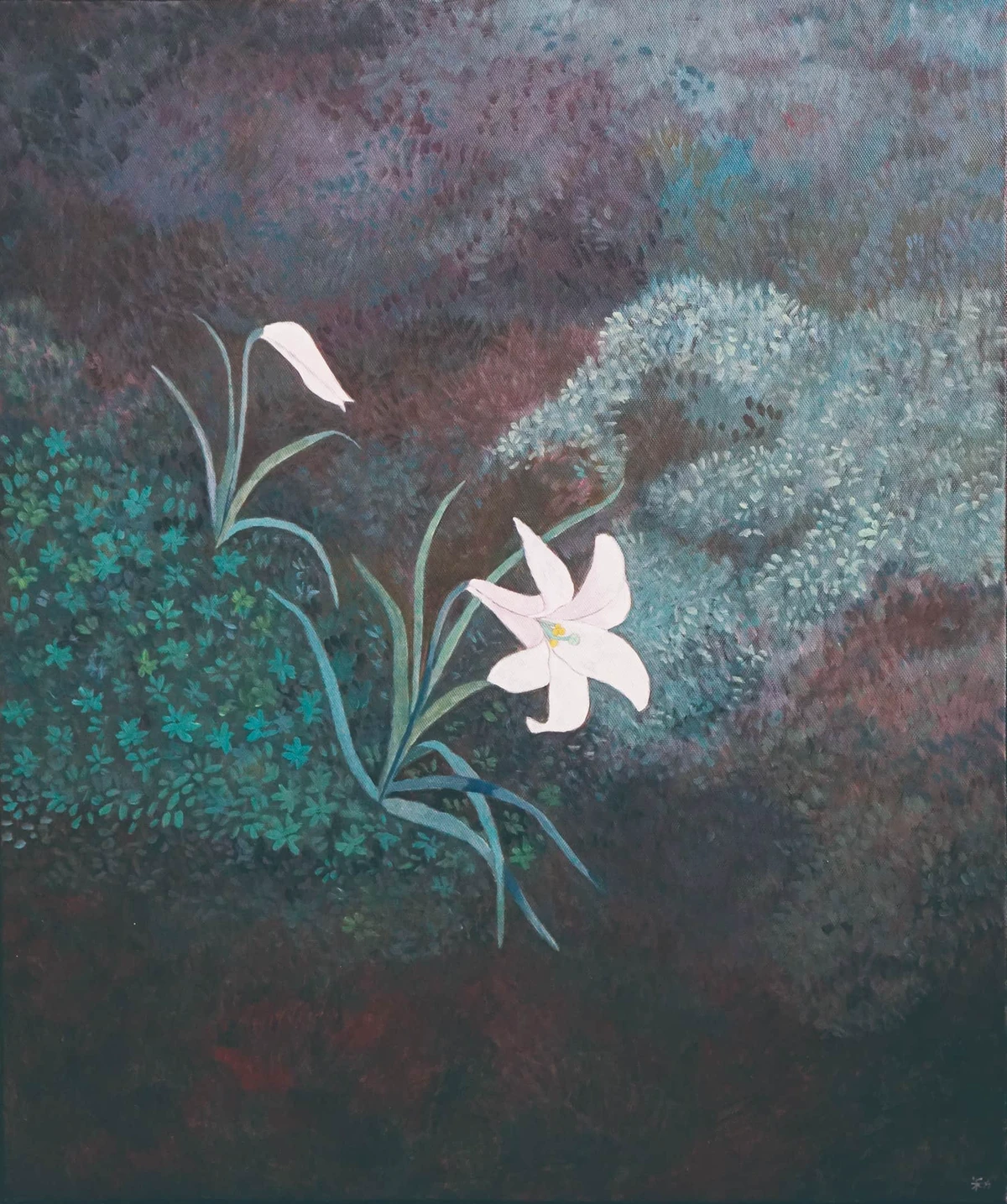 收錄於《緩慢是風景的名字》的〈崖上的野百合〉。書內有八成左右的畫都賣掉了，這幅畫尺寸較大，是最受買家歡迎的作品之一。