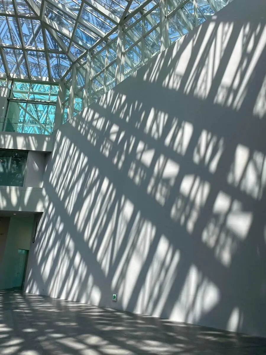 南美館一館（左）與二館（右）在陽光下表現出不同的光影情緒。