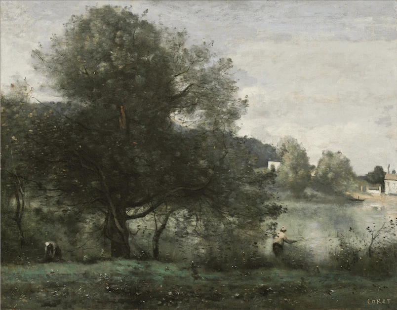 尚—巴蒂斯特．卡米耶．柯羅（Jean-Baptiste-Camille Corot），《亞維雷的田園風光-池塘邊的漁夫》，1865-1870年，油彩、畫布，56×71.6公分，Bequest of Mrs. Charlotte E.W. Buffington, 1935.45