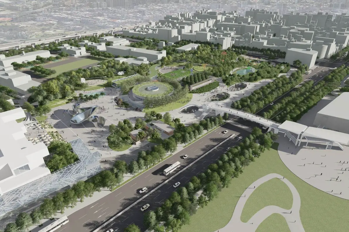 北美館本館與新建館舍，園區以透明結構引入日光至地下空間。