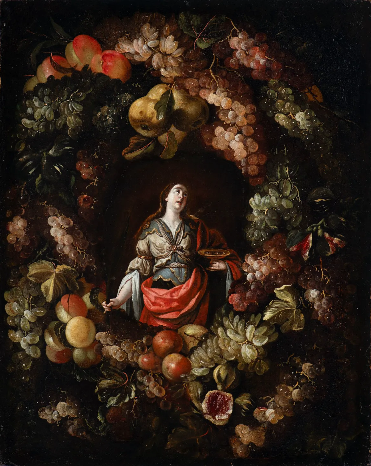 作品〈果實環串中的聖露西〉透過科學檢測發現，黃色標示出來的區域與環串果實靜物屬於不同畫布。