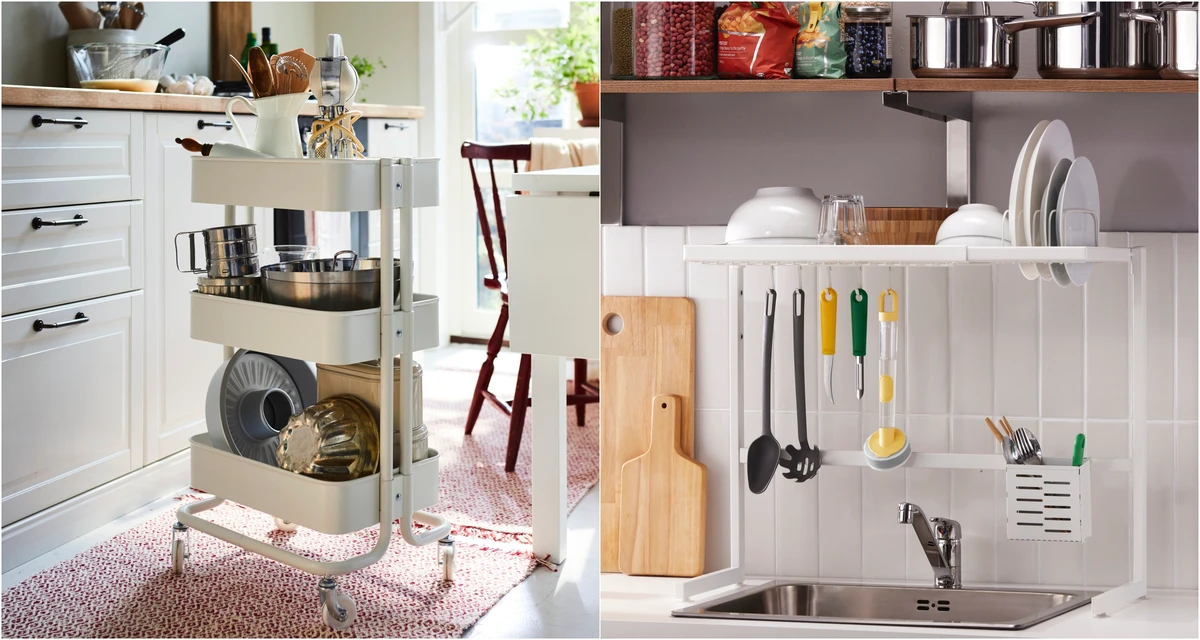 RÅSKOG推車（左）；SKYGGFISK碗盤瀝乾架（右）