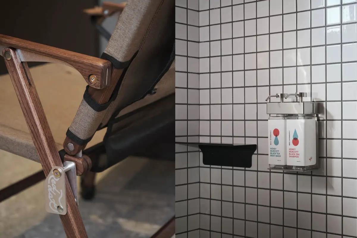 （左圖）台灣知名露營品牌BLACK Design家具、（右圖）伊聖詩TEAORY一日茶道的盥洗用品。